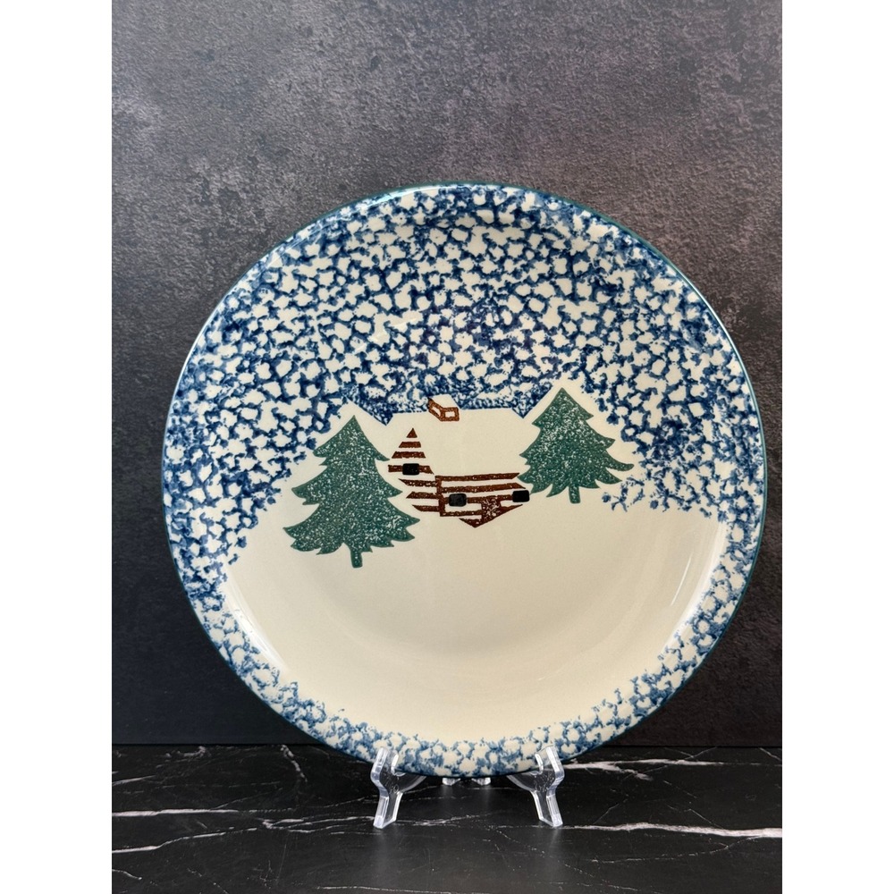 VTG Tienshan Folkcraft Stoneware Cake Plate Spongeware Cabin in the Snow 12in